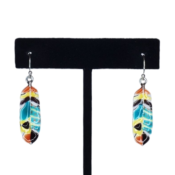Contemporary Silver-Tone Multi-Color Enamel Feather Boho Dangle Earrings - Picture 1 of 10